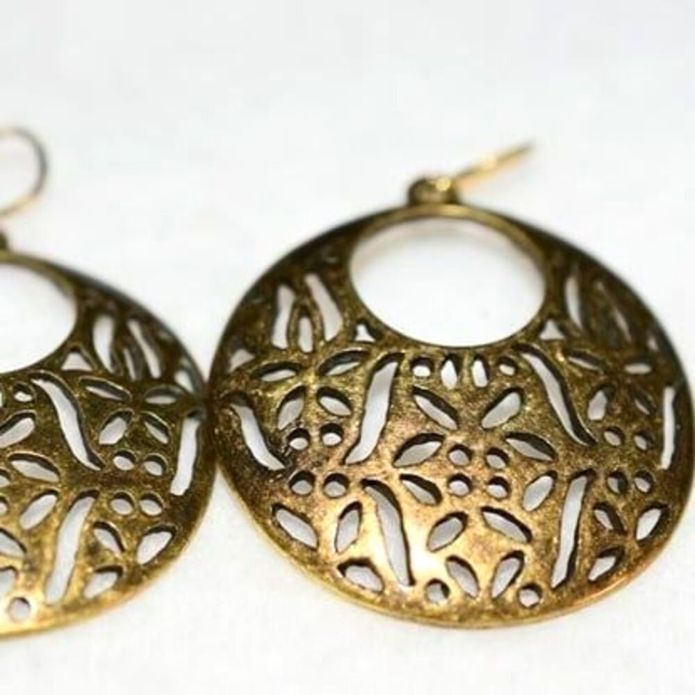 Premier Designs Stamped Brass Tone Floral Pattern Hook Earrings